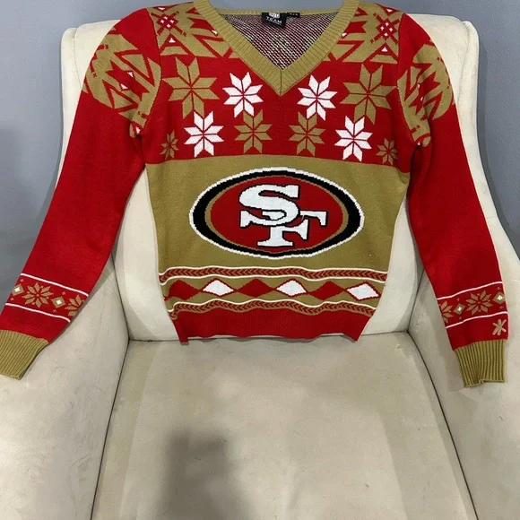 San Francisco 49ers NFL Women’s V Neck Christmas Sweater ❤️💛 - Picture 3 of 7